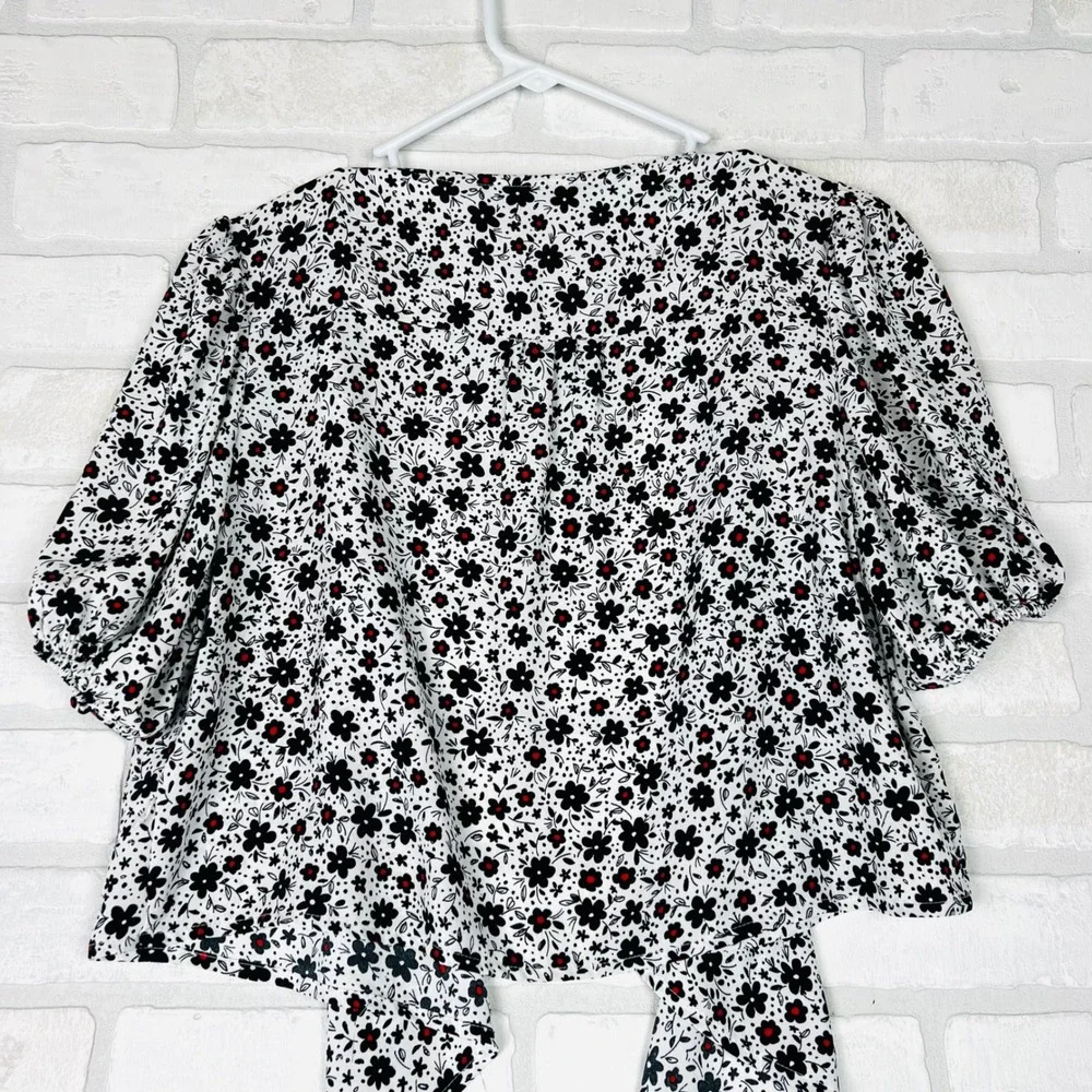 Zara Womens Floral Wrap Top White Black Red Ditsy Puff Sleeve Blouse Medium